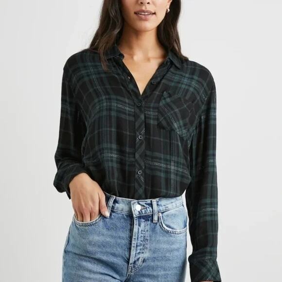 Rails Tops - Rails Hunter Button Down Plaid Flannel Long Sleeve Forest Tinsel Slate Green XS